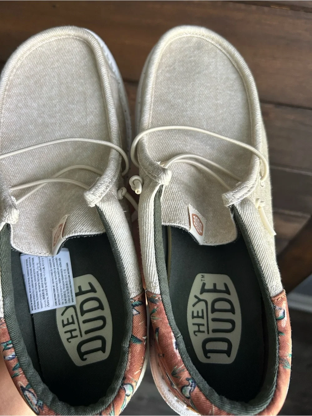 Hey Dude Men's Slip-On Boat Shoe in Cream with Brown Patterned Ducks